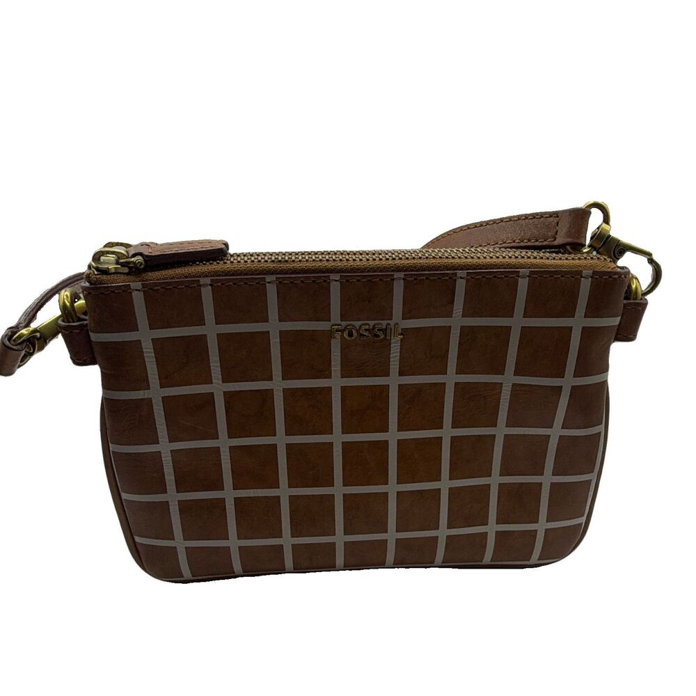 Fossil Brown/White Checkered Small Crossbody Bag Zip Adjustable Strap Pockets